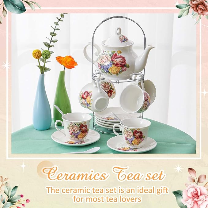 Zhehao 20 Pcs Porcelain Tea Set with Metal Holder and Spoon Adult Ceramic Tea Set European Flower Painting Teapot Cup Saucer Spoon for Women Mom Gift, Large Version (Floral Style)