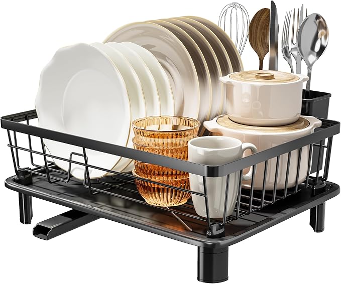 MOUKABAL Dish Drying Rack with Drainboard for Kitchen Counter, Black | 11×15 Large Capacity/Rustproof Stainless Steel/Fast Drainage Dish Drainer/Removable Utensil Holder/Kitchen Counter Organizer