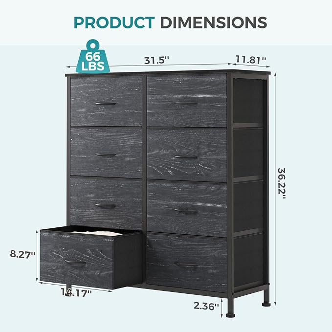 OLIXIS 8 Drawer Dresser TV Stand, Entertainment Center, Media Console Table with Metal Frame and Wood Top,Chest of Drawers for Bedroom, Living Room, Black Wood Grain