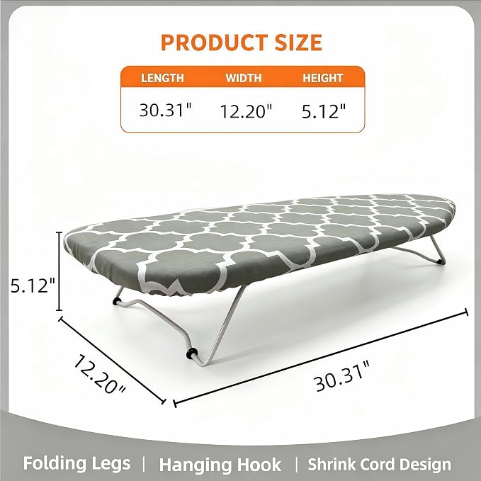 Tabletop Ironing Board with Heat Resistant Cover and Pad,30x12Inch | Heavy Duty Ironing Board with folding legs, Hook for Hanging, Portable Folding Mini Iron Board for for Dorm Apartment Travel