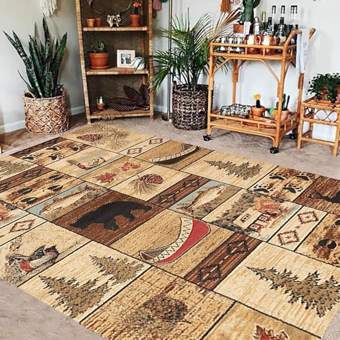 Retro Cabin Bear Rectangular Area Rug for Bedroom Brown Entryway Rugs Conference Room Decor Vintage Animal Print Carpet 6'x9'