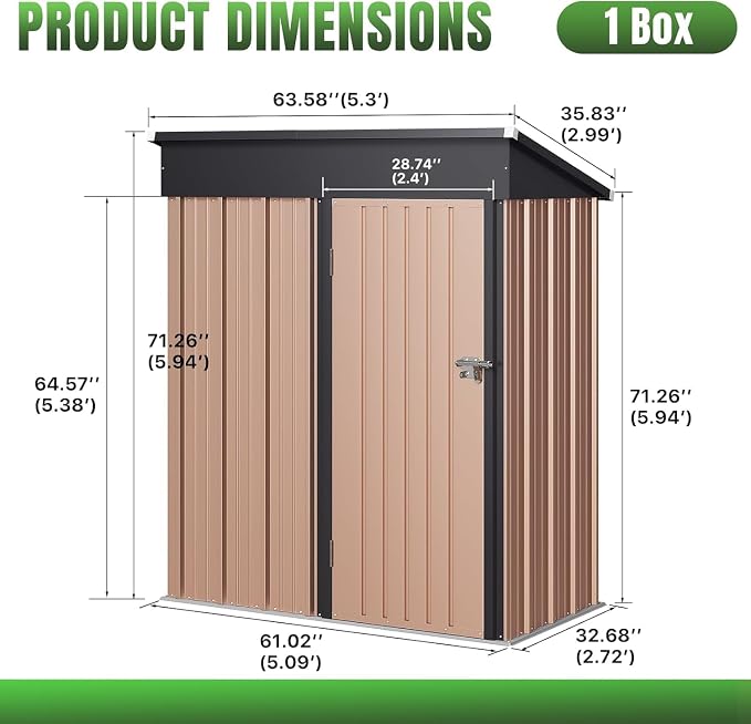 Aoxun 5x3 FT Shed Outdoor Storage Shed with Base, Brown | Metal Shed with Lockable Doors & Slooping Roof Garden Tool Shed for Backyard, Patio, Poolside