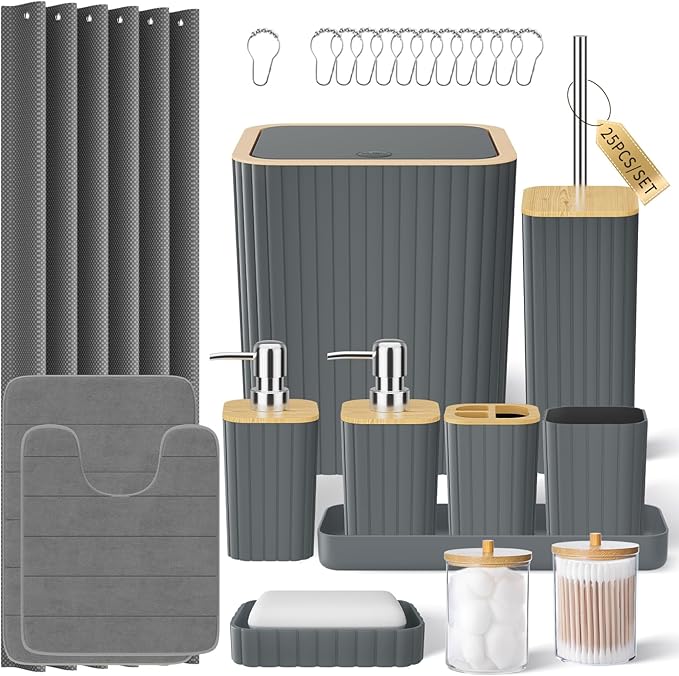 XLHOMO Bathroom Accessories Set - 25PC Grey Bathroom Set, Bathroom Set with Shower Curtain and Rugs, Grey Shower Curtain Set, Toilet Brush, Bathroom Trash Can
