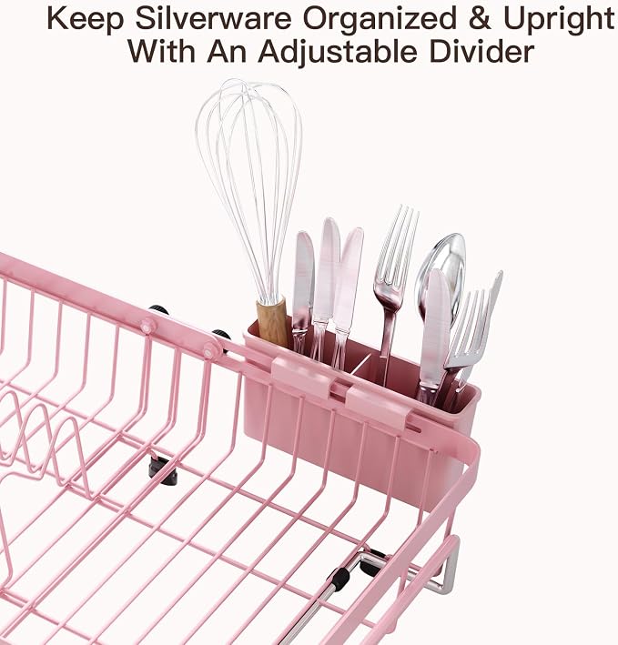 Pink Dish Drying Rack Over The Sink with Utensil Holder | Expandable Stainless Steel Dish Drainer for Small Kitchen, Apartment, RV, Counter Space Saving, Perfect Fit, Rustproof