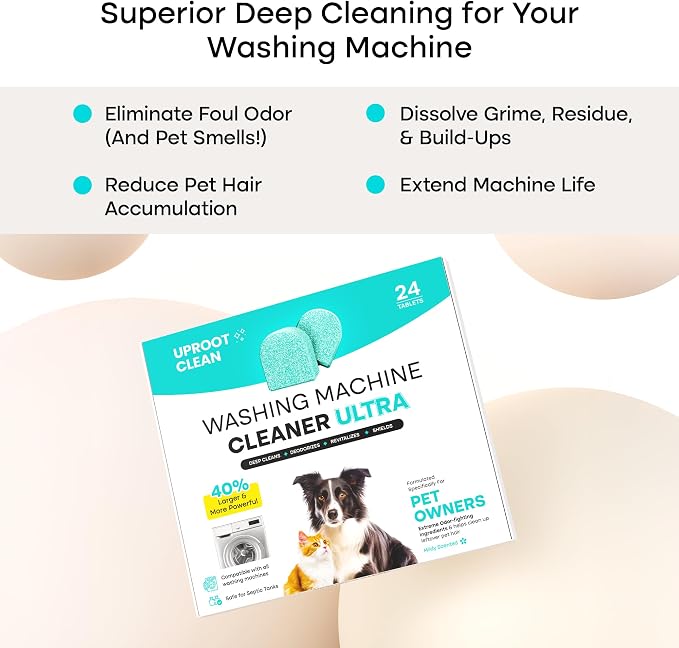 Uproot Clean Washing Machine Cleaner Tablets Ultra & Dryer Sheets Pet Hair Reduction Set: Anti-Static Pet Hair Remover for Laundry & 40% Stronger Washer Machine Cleaning Tablets - Perfect Laundry Set