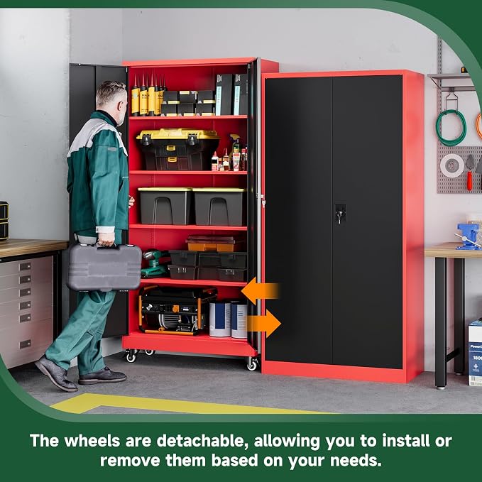 Metal Garage Storage Cabinets with Lock Door and Adjustable Shelves, Steel Tool Cabinets for Home,Office,Warehouse Organisieren (Black Red, 75" H)