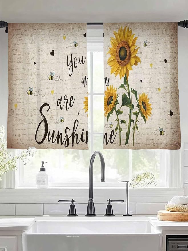 Sunflower Voile Sheer Curtain 54 Inch,Rod Pocket Rustic Yellow Floral Sheer Window Curtain Panels,Vintage Retro Beige Newspaper Letter Short Semi-Sheer Tulle Drape Chiffon Fabric for Living Room