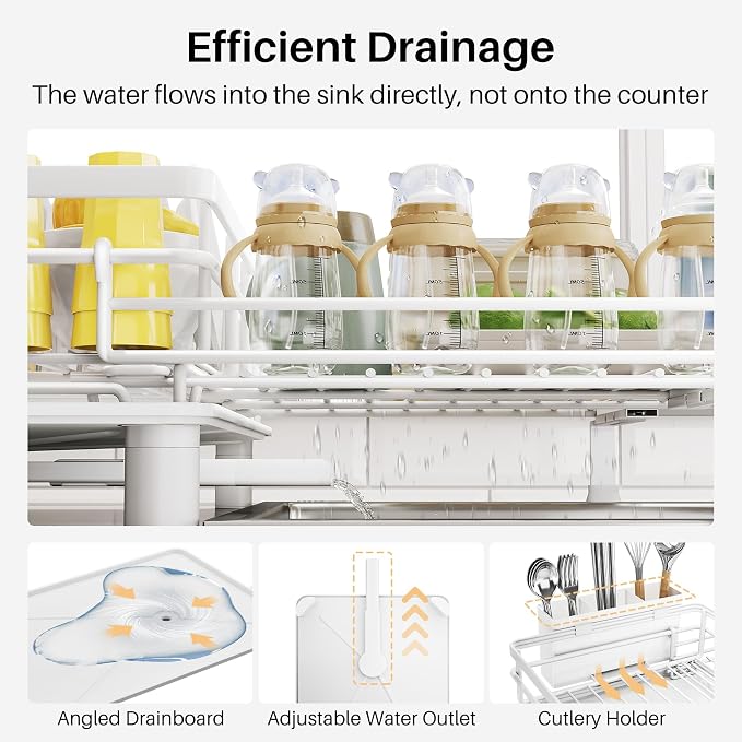 Expandable Dish Drying Rack for Kitchen Counter, Stainless Steel, White | Foldable Over Sink, Large Capacity, Adjust to Fit Most Sinks, Angled Drainboard, Removable Utensil Holder, Slip Resistant