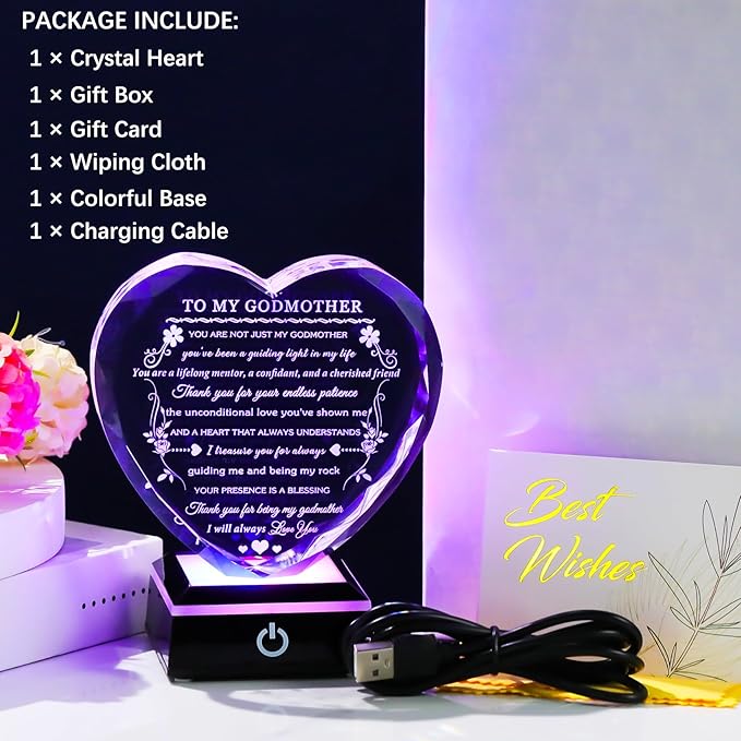 Arikyrist Godmother Gift from Godchild with Colorful LED Base Heart Crystal Gifts for Godmother on Birthday Christmas Mothers Day Thanksgiving from Goddaughter Godson