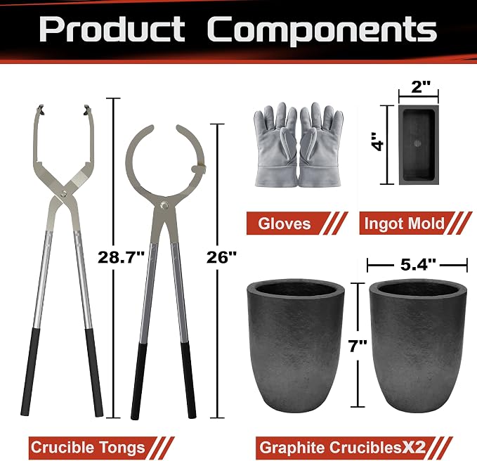Nelyrho #10 (26lbs-12kg) Crucible Tongs Set Pro for Melting Metal Casting | Includes lifting and pouring tongs, 2 graphite crucibles, Ingot mold and gloves for metal melting, casting and jewelry making