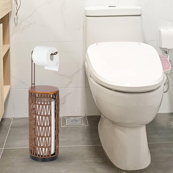 Trongee Freestanding Toilet Paper Holder with Storage,3 Rolls of Rattan Tissue Holder for Bathroom,Woven Toilet Paper Roll Holder Stand,Boho Bathroom Decor Farmhouse Toilet Paper Storage-Deep Brown