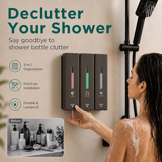 Shampoo and Conditioner Dispenser Wall Mounted, 3-Chamber Shower Soap Dispenser for Bathroom, 1200ML Large Capacity, No-Drill Installation, Clog-Free Pump for Thick Liquids (grey-3-pack)