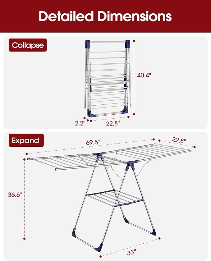 Sakugi Clothes Drying Rack with Height-Adjustable Wings, Metal Foldable Laundry Dryer Stand for Clothing & Bedding, Free-Standing Collapsible for Indoor & Outdoor Use, 69.5" L × 22.8" W, Silver Blue