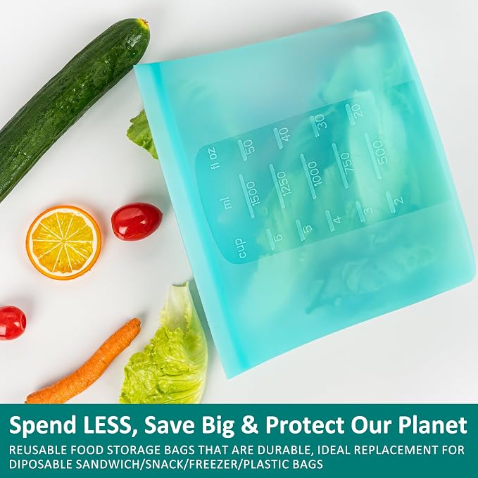 8-Pack Reusable Silicone Food Storage Bags, 100% Silicone Stand-Up Wide-Open Zip-Lock Reusable Storage Bags for Food, Freezer Microwave Oven Dishwasher Safe, Aqua, 4M 2S 2XS