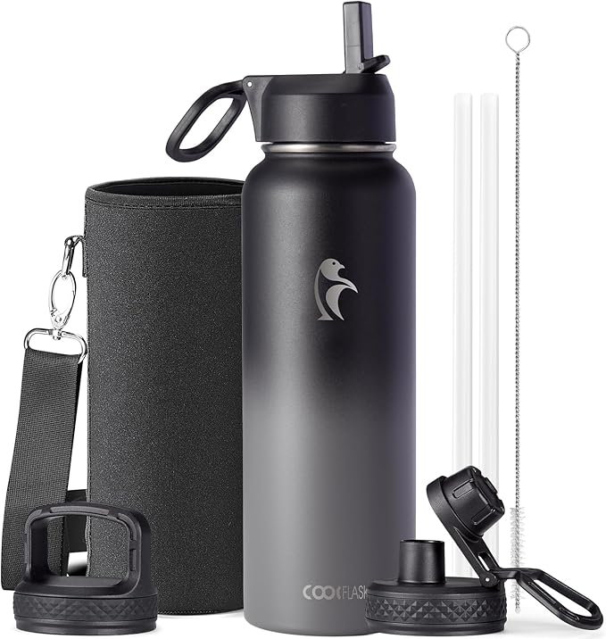 Water Bottle 40 oz Insulated with Straw&Brush, Coolflask Vaccum Stainless Steel Metal 3 Lids Water Flask for Sports, Gym or Office, Keep Cold 48H Hot 24H, Piano Night