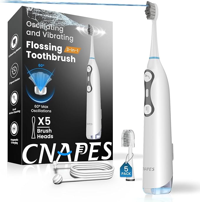 Electric Toothbrush with Water Flosser, 3-in-1 Sonic Brush & Oral Irrigator Combo for Adults, Cordless Brush & Floss System with 5 Brush Heads, 3 Modes, 30-Day Battery, for Braces & Sensitive Gums