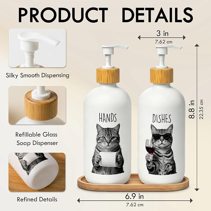 Tabby Cat Hand and Dish Soap Dispenser Set, Cat Lover Mom Dad Owner Gifts Glass Soap Dispenser for Kitchen, Funny Kitty Kitten Refillable Handsoap Pump Bottle for Bathroom Countertop
