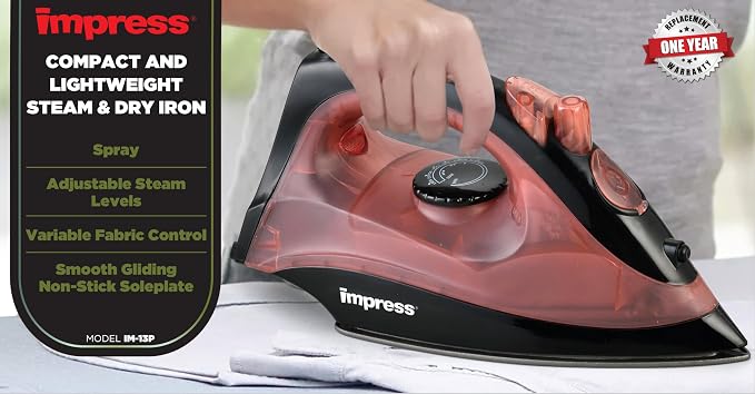 Impress Basic Clothing Iron | Non-Stick | Compact | Spray | Adjustable Steam | Fabric Selector | Swivel Cord | Lightweight | 1200-Watt (Marsala)