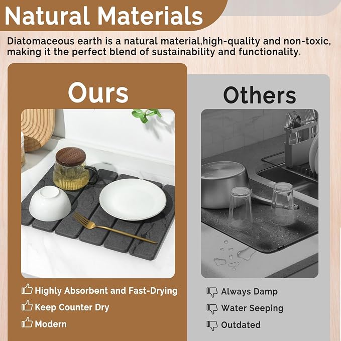 Small Stone Dish Drying Mat for Kitchen Counter, 2 PCS 16"×12" & 8"x4" Quick Dry Stone Mats, Foldable Water Absorbing Diatomaceous Earth Drying Dish Pad for Countertop Bottles Utensils Cups(Dark Gray)