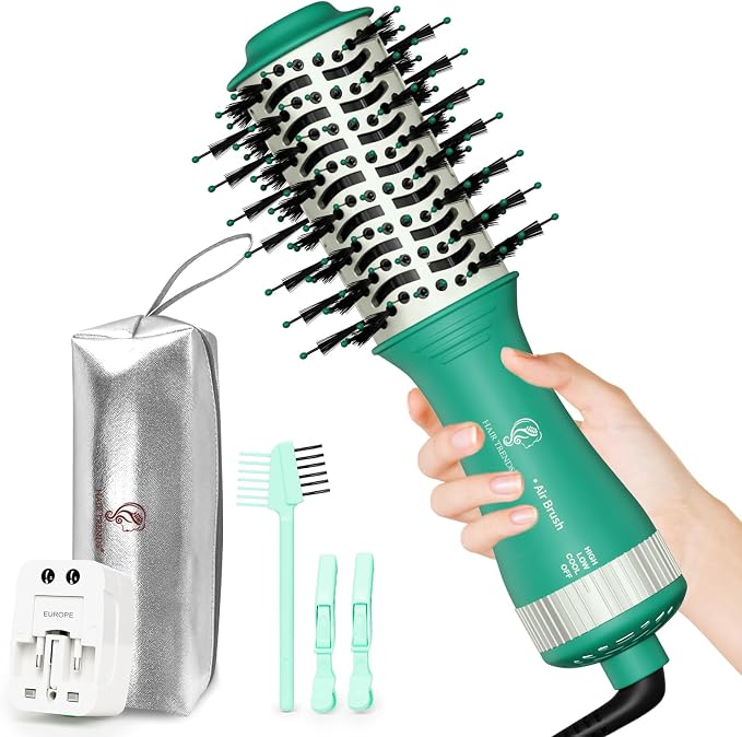 4-in-1 Travel Dual Voltage Blow Hair Dryer Brush, Portable 2 Inch Oval Hot Air Brush, 110/240V European Blow Dry Brush for International Travel