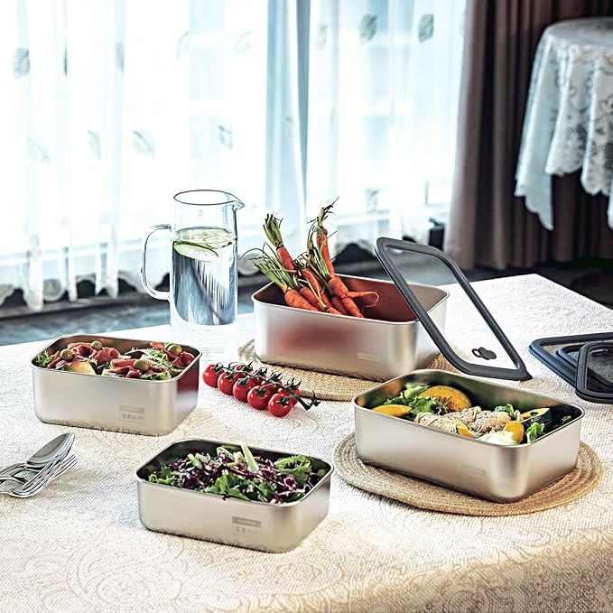 Stainless Steel Food Containers with Glass Lids, 4-Piece Airtight Food Storage Set, Rectangular, Stackable, Microwave and Dishwasher Safe, 44, 54, 78 and 88 oz, Silver Gray