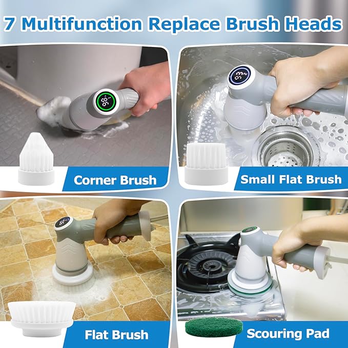 DAESUNG Electric Spin Scrubber, Cordless Power Scrubber & Electric Cleaning Brush with 7 Replaceable Heads, Dual Speed IPX7 Waterproof Handheld Scrubber for Bathroom, Shower & Tile Cleaning