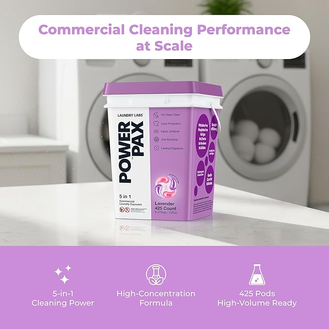PowerPax 5-in-1 Laundry Detergent Pods - 425 Count, Washer Pods with Stain Remover, Odor Control, Fabric Softener & Color Care for Commercial Laundry - Lavender