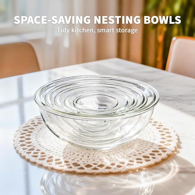 Luvan Glass Mixing Bowl with Lids Set of 5(0.2QT, 0.5QT, 1.1QT, 2.1QT, 3.75 QT), Space-Saving Nesting Bowls Anti-slip Salad Bowls for Storage, Cooking, Microwave,Freezer,Oven and Dishwasher Safe