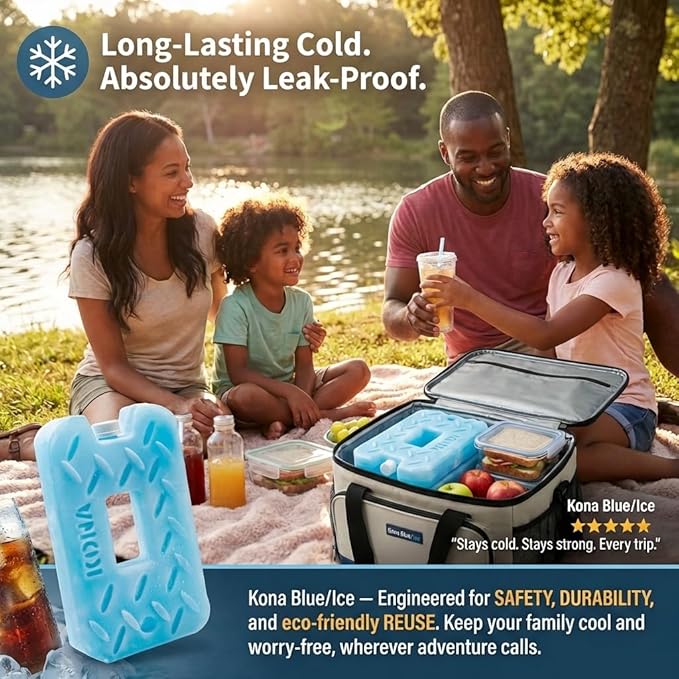 Kona Blue/Ice Ice Packs for Lunch Box - 2 lb Freezer Packs Compatible With Yeti Cooler Bags | Dry Ice Shock Pack, Long-Lasting Reusable Ice Packs for Lunch Bags (10" x 5.5" x 1.5" Pack of 4)