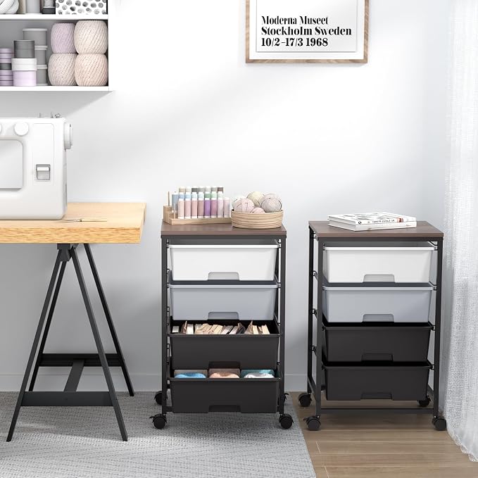 SYKIARIOL Utility Cart with 4 Drawers,Rolling Storage Cart with Drawers,Light Grey