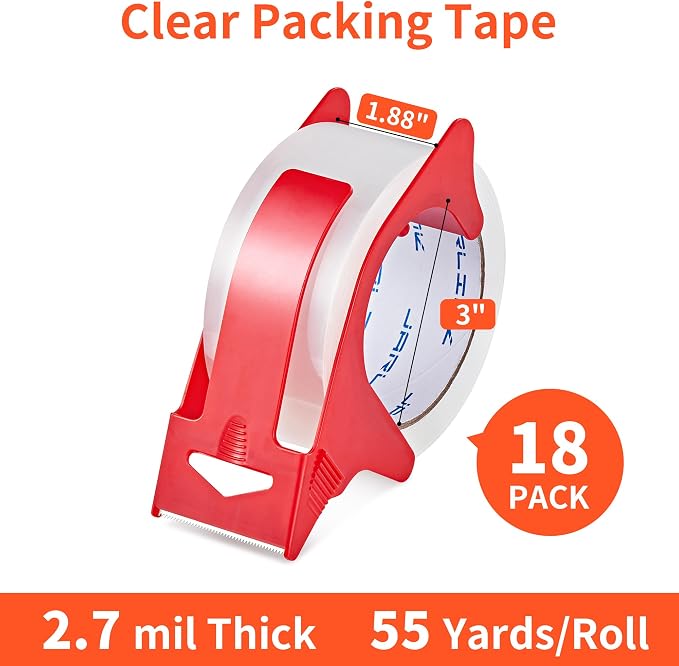 JARLINK 18 Rolls Clear Packing Tape with 3 Dispensers for Shipping | 2.7mil Thick, 1.88 Inches Wide, 55 Yards per Roll, Total 990 Yards, Comes with 3 Tape Dispensers