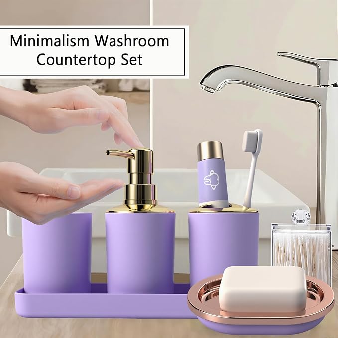 BSSN Purple and Gold Bathroom Accessories Set, 9 Pieces Luxury Bath Decor Set with Trash Can, Toilet Brush, Gold Pump Soap Dispenser, Multi-Slot Toothbrush Holder, Qtip Jars and Tray