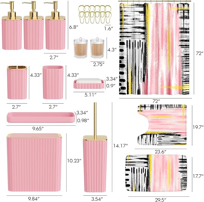 Bathroom Set - Bathroom Accessory Set, Pink Bathroom Set, 26PC Bathroom Sets with Shower Curtain and Rugs, Toilet Brush, Trash Can, Qtip Holder & Bathroom Soap Dispenser Set