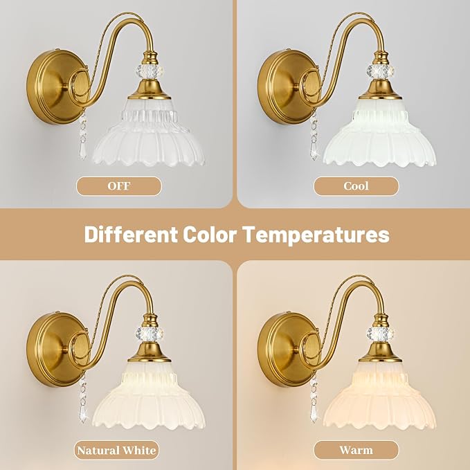 1 Piece Vintage Wall Sconce, 1-Light Brushed Gold Finish Wall Sconce with Hanging Crystal Accents and Flower-Shaped White Shades for Bathroom Bedroom Living Room,Vintage Vanity Light