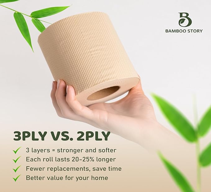 Bamboo Story, Bamboo Toilet Paper Unbleached, 24 Rolls, 3 Ply and 300 Sheets Bamboo Toilet Tissue - FSC Certified, Biodegradable, Chemical Free, Plastic Free, BPA Free, Septic Safe Toilet Paper