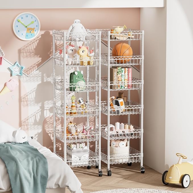Golpart 6 Shelves Storage Shelf Wire Closet Bathroom Organizers Metal Pantry Kitchen Garage Shelving Unit Laundry Room Organization Home Rack Net Basket White with Wheels 14" Dx14 Wx64.8 H