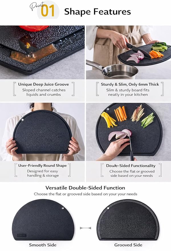 IWANO Round Cutting Board, No Leaking Grooves, Prevents Water from Spilling, Prevents Dirty Kitchen, Anti-slip, Good Visibility, Black, Cutting Board, Dishwasher-Safe, Kamaboko Shape, (black)