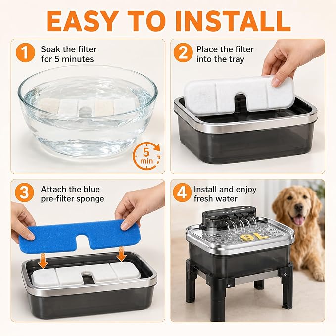 RPZ Dog Water Fountain Filter Replacement, 5 Pack for 9L Pet Fountain | Activated carbon and PP cotton filters with sponges help keep dog fountain water clean and fresh