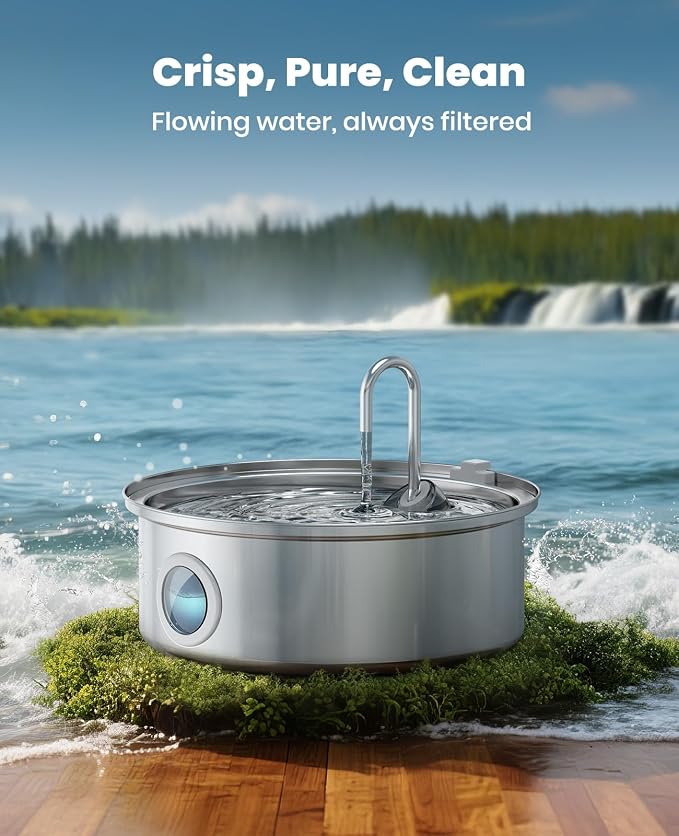oneisall 7L/230oz Dog Water Fountain for Multi-pet Household,PWF002 | 25db Quiet Design,304 Stainless Steel,Contain 3 Set Filters,Visual Water,5-Layer Filtration,Fit for Living Room Kitchen