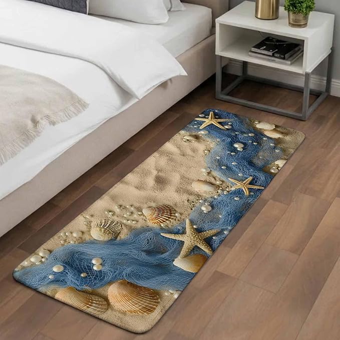 Hallway Runner Rug 31.5"x78.7",Coastal Beach Absorbent Non Slip Indoor Outdoor Carpet,Summer Nautical Blue Fishing Net Conch Low Profile Runner Rugs for Corridor Kitchen Laundry Room Mudroom Entryway