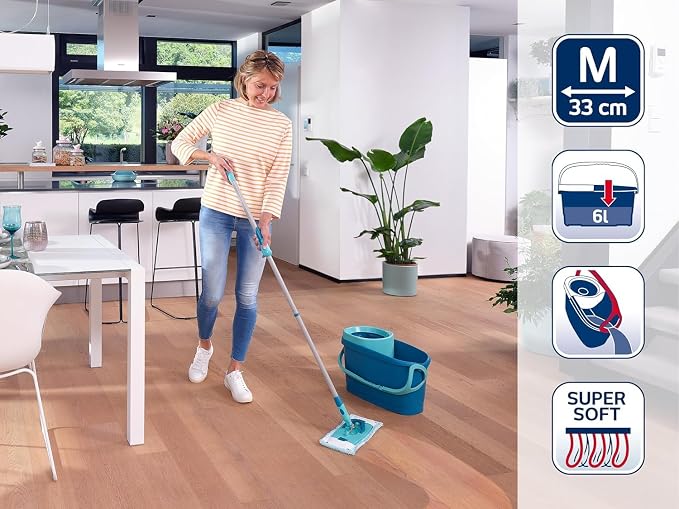Leifheit Clean Twist M Ergo Mop and Bucket Set, Mop 33 cm Wide, Moisture Controlled Spin, Faster Cleaning Spin mop, Easy-Steer Micro Fibre Head with 360° Joint, Twist Mop