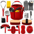 Horse Grooming Kit, 15-Piece Horse Brush Set with Red Tote Bag, Long Shedding Blade, Hoof Pick, Curry Comb, Sweat Scraper, Mane and Tail Comb, Gloves, Equine Grooming Supplies