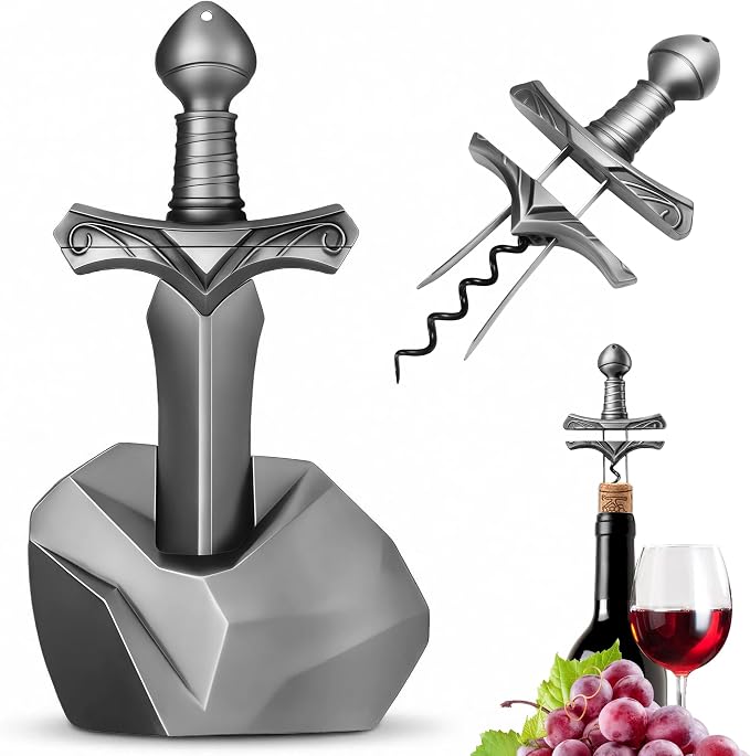 Ah So Wine Opener, Excalibur Sword Wine Corkscrew with Display Base, Premium Zinc Alloy Vintage Bronze Corkscrew for Fragile Corks, Unique Wine Gifts for Man, Collectors & Luxury Bar Decor (Silver)