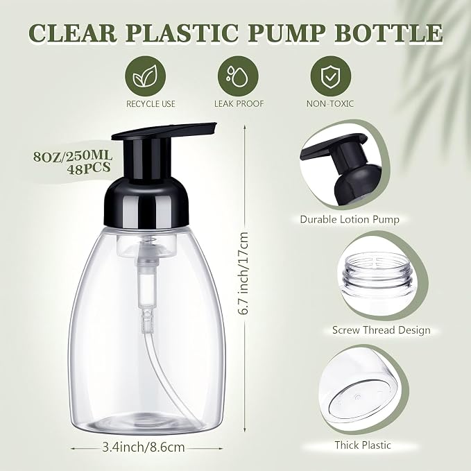 Nuenen 48 Pieces Foaming Soap Dispensers 8 oz Foaming Pump Bottle Plastic Hand Soap Dispenser with Pumps Empty Refillable Press Containers for Liquid Shampoo Bathroom Kitchen(White, Black)
