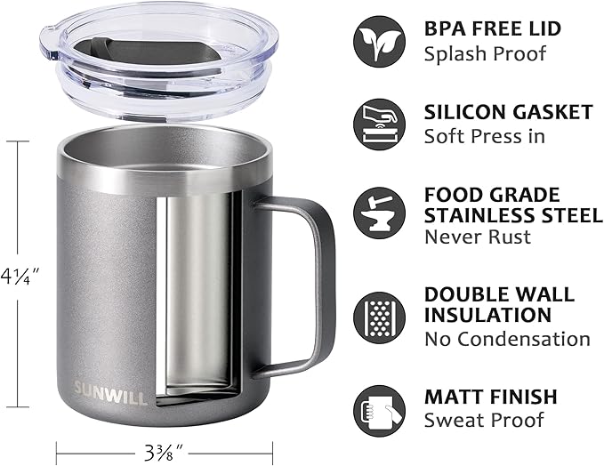 SUNWILL Travel Coffee Mug with Lid, Insulated Tumbler with Handle, 14 oz Stainless Steel Cup for Ice, Water, Tea, Cool Grey