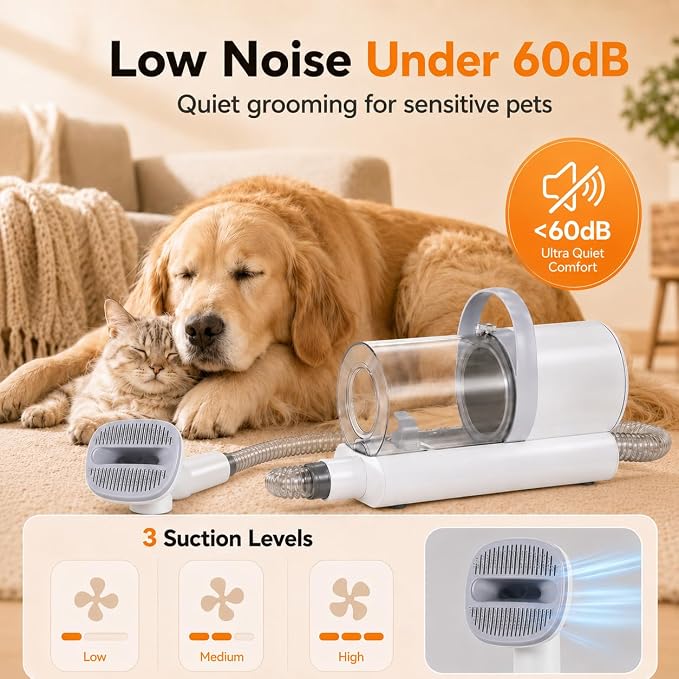 Dog Grooming Vacuum, 12000Pa Powerful with 1.5L Cup 7 in 1 Pet Electric Grooming Vacuum for with Hair Clipper & Shedding Brush, Low Noise, 3 Suction Levels for Thick Hair Cats & Dogs