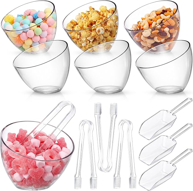 6 Pcs 25 oz Clear Plastic Serving Bowls with 3 Tongs and 3 Scoops Reusable Angled Candy Bar Containers for Candy Buffet Station Party Supplies Weddings Birthday Dessert Snack Bowl