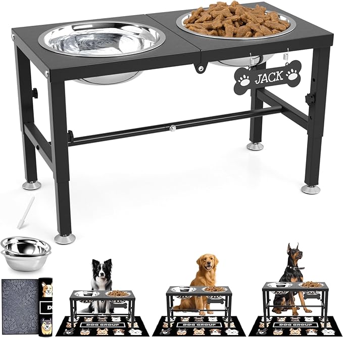 SHAINFUN Elevated Dog Bowls with Mat for Large & XLarge Dogs, Adjustable Height Raised Dog Bowl Stand with Two 68oz Bowls, Dogs Food Water Bowl Holder