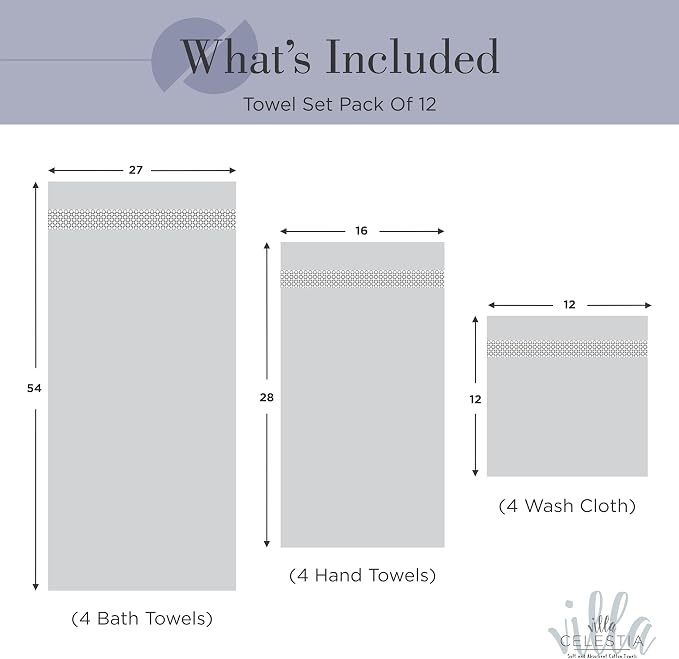 Villa Celestia 12-Piece 100% Cotton Towel Set, 4 Bath Towels, 4 Hand Towels, 4 Wash Cloth, Quick-Dry, Navy Blue