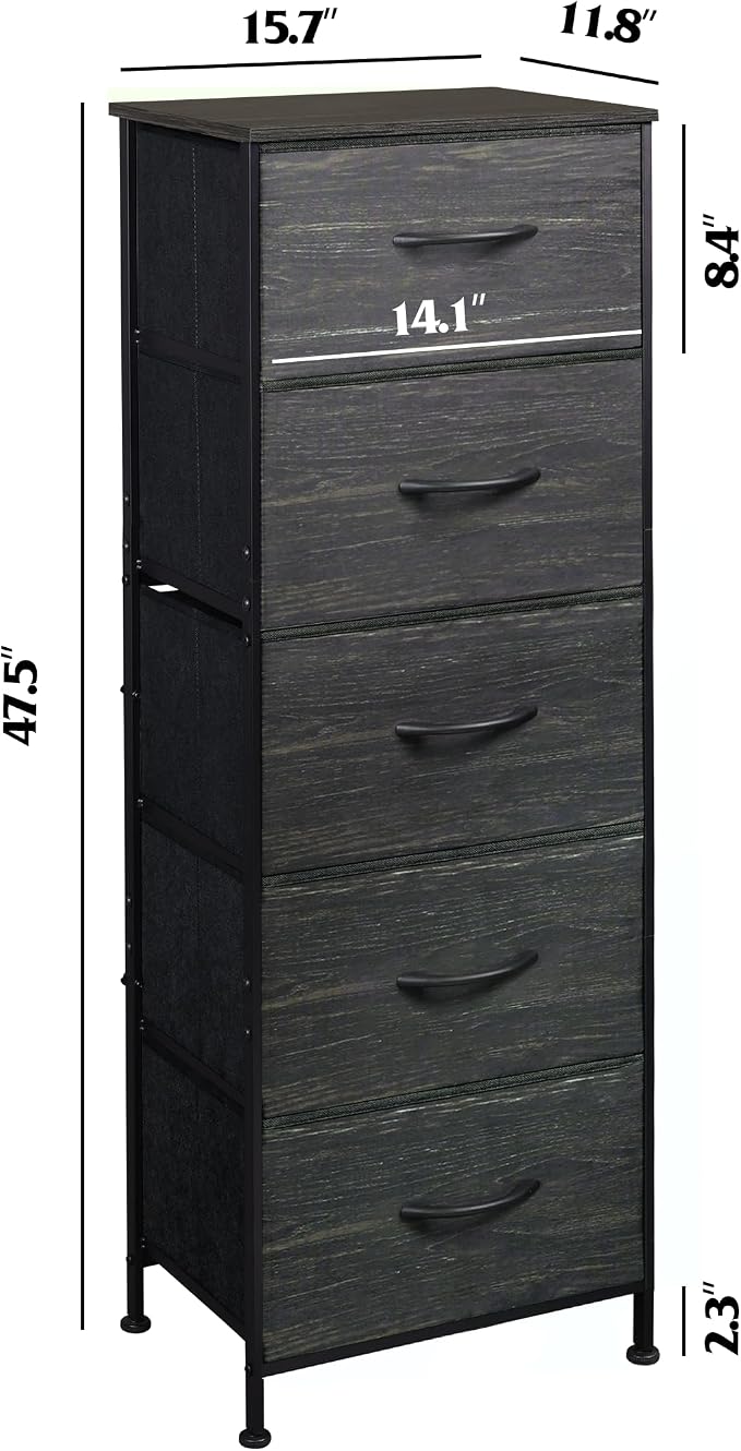 WLIVE Fabric Dresser, 5-Drawer Tall Dressers for Bedroom, Storage Dresser Organizer with Wood Top, Sturdy Steel Frame, Chest of Drawers for Closet, Hallway, Charcoal Black Wood Grain Print